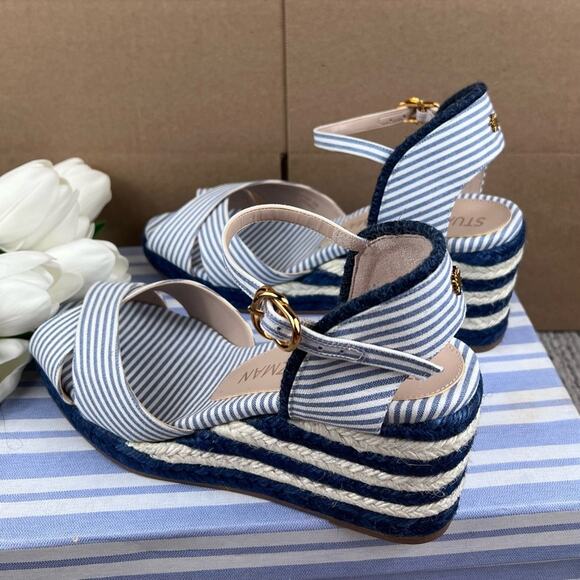 NEW Size 8.5 Stuart Weitzman Mirela Nautical Navy Espadrille Wedge Sandal Shoes - Picture 5 of 12